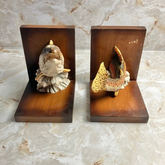 Other - VTG Sterling Rainbow Trout Freshwater Fish Bookends Resin & Wood Rustic